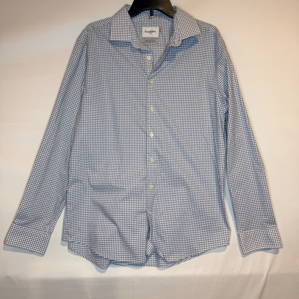 Goodfellow & Co Mens Blue White Grid Check Button Down Shirt Large 16-16.5